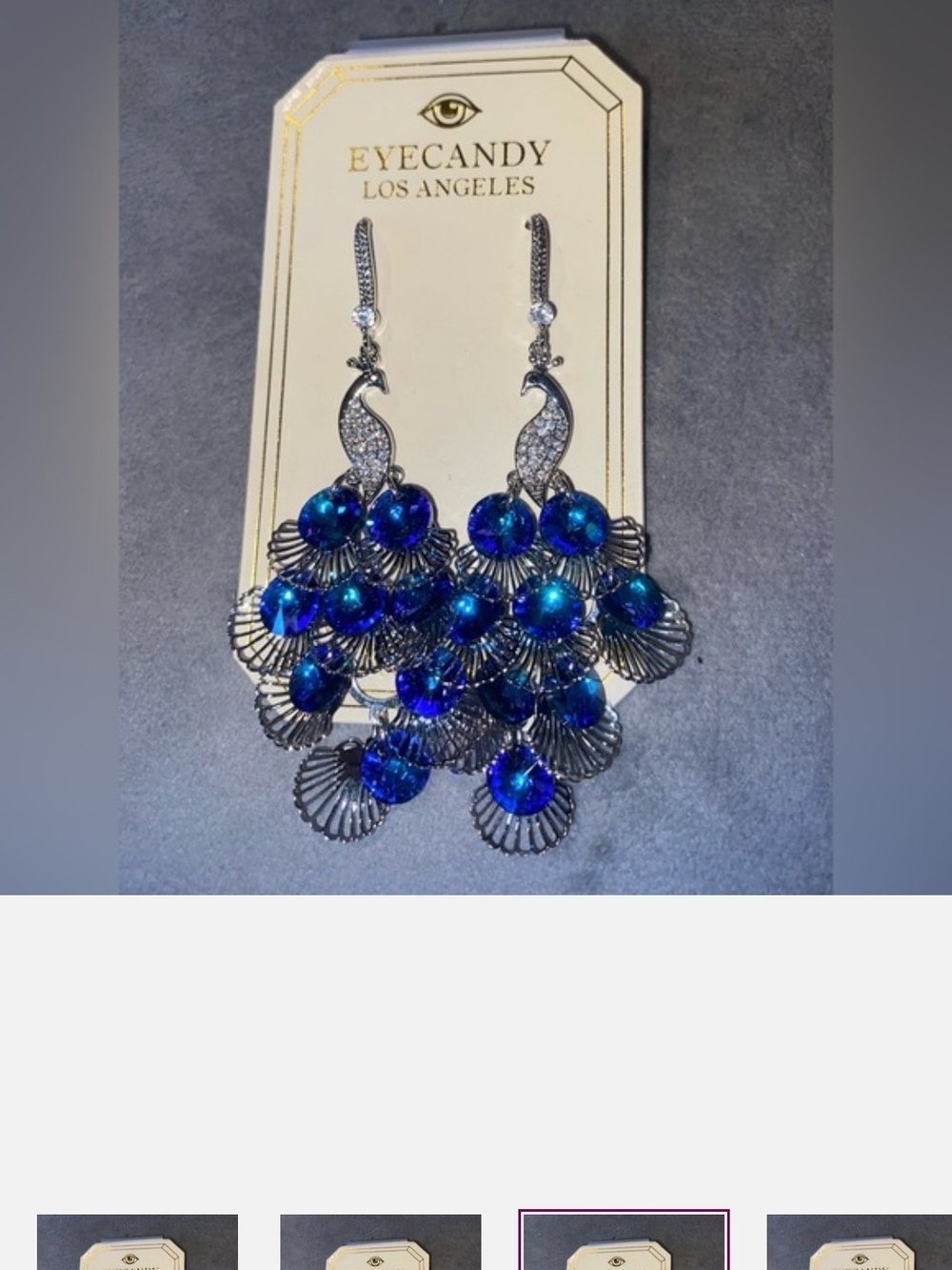 Eye Candy Blue Crystal Peacock Drop Earrings